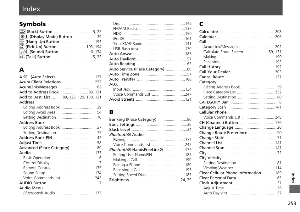 Index, P.253, Symbols | Acura 2015 ILX - Navigation Manual User Manual | Page 254 / 258
