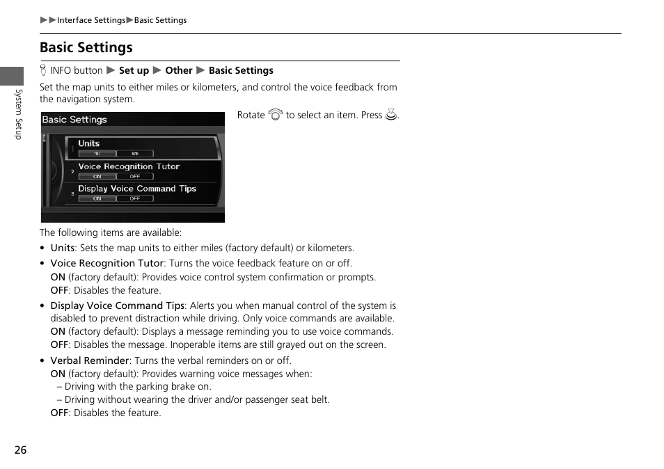 Basic settings, 2 basic settings, P. 26 | Acura 2015 ILX - Navigation Manual User Manual | Page 27 / 258