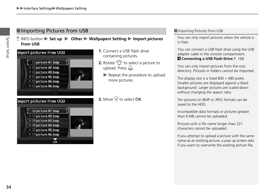 2 importing pictures from usb, P. 34, Importing pictures from usb | Acura 2015 ILX - Navigation Manual User Manual | Page 35 / 258