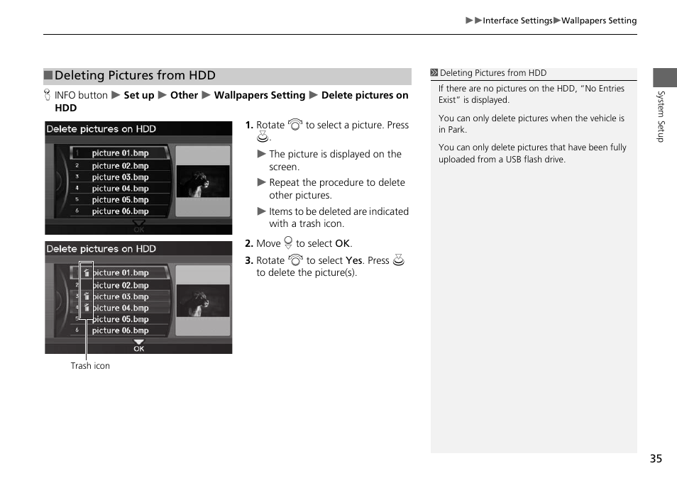 2 deleting pictures from hdd, P. 35, Deleting pictures from hdd | Acura 2015 ILX - Navigation Manual User Manual | Page 36 / 258