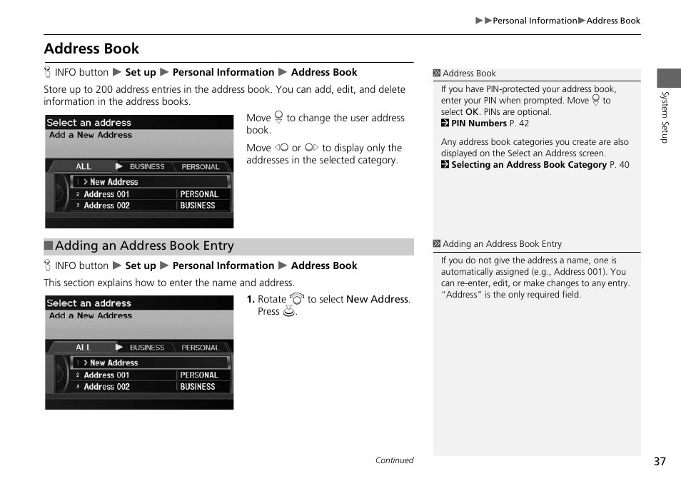 P37), Address book, 2 address book | P. 37 | Acura 2015 ILX - Navigation Manual User Manual | Page 38 / 258