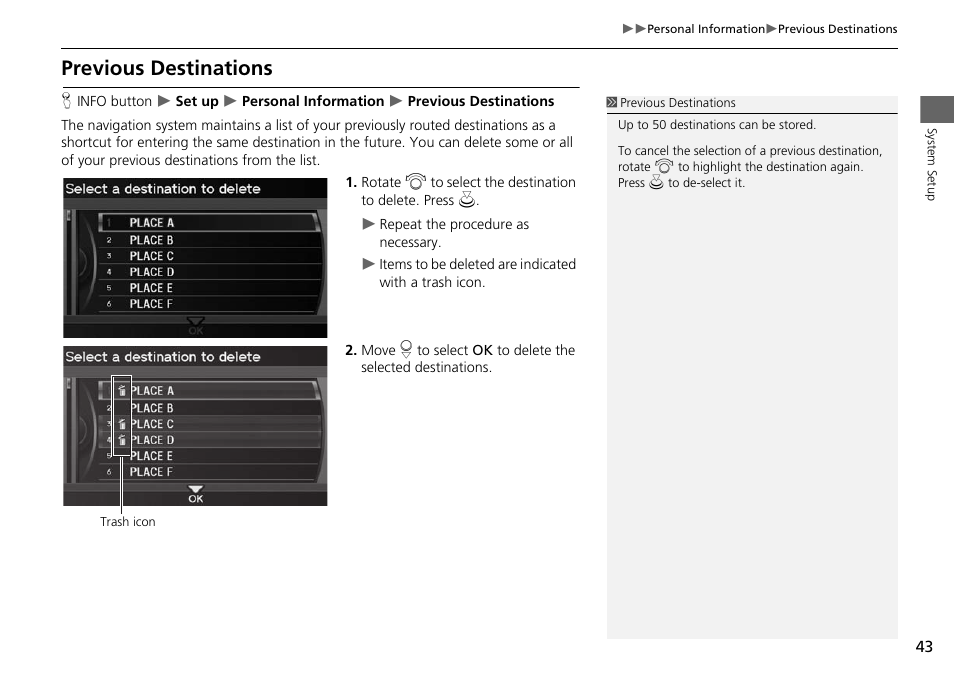Previous destinations, 2 previous destinations, P. 43 | Acura 2015 ILX - Navigation Manual User Manual | Page 44 / 258