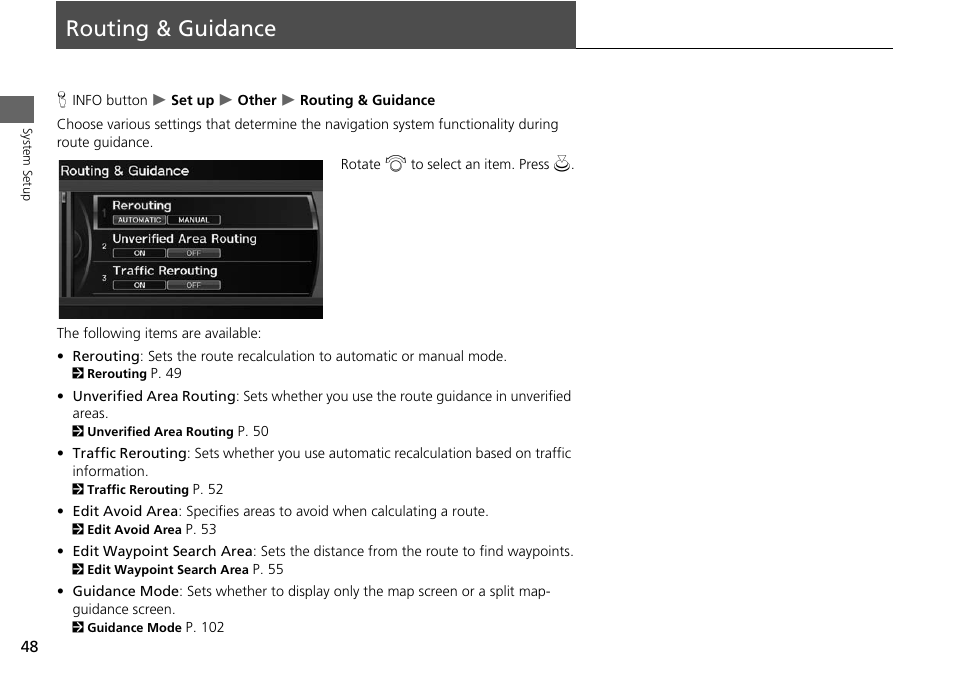 Routing & guidance 48, Routing & guidance | Acura 2015 ILX - Navigation Manual User Manual | Page 49 / 258