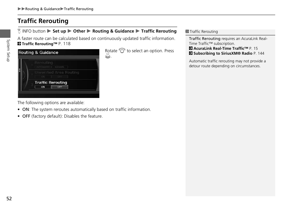 Traffic rerouting, 2 traffic rerouting, P. 52 | Acura 2015 ILX - Navigation Manual User Manual | Page 53 / 258