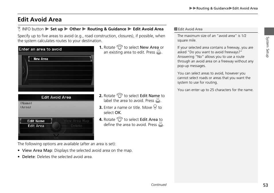 Edit avoid area, 2 edit avoid area, P. 53 | Acura 2015 ILX - Navigation Manual User Manual | Page 54 / 258
