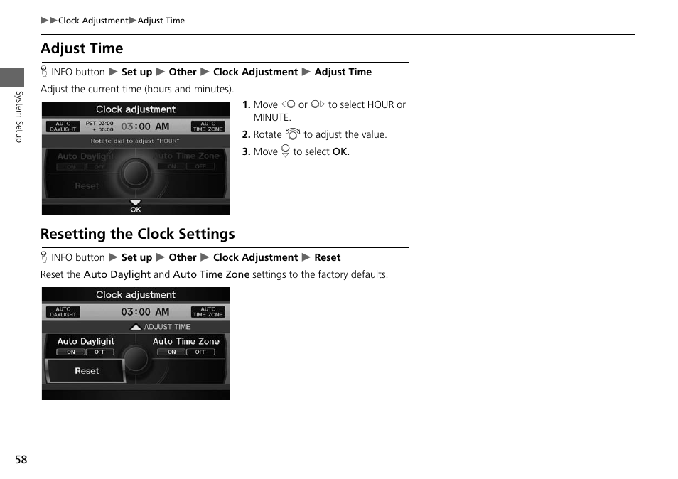 Adjust time, Resetting the clock settings, 2 adjust time | P. 58, 2 resetting the clock settings | Acura 2015 ILX - Navigation Manual User Manual | Page 59 / 258