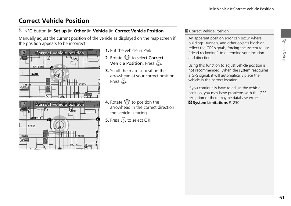 Correct vehicle position, 2 correct vehicle position, P. 61 | Acura 2015 ILX - Navigation Manual User Manual | Page 62 / 258