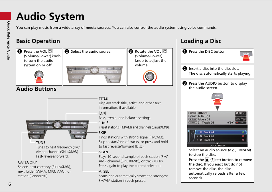 Audio system, Basic operation audio buttons, Loading a disc | Acura 2015 ILX - Navigation Manual User Manual | Page 7 / 258