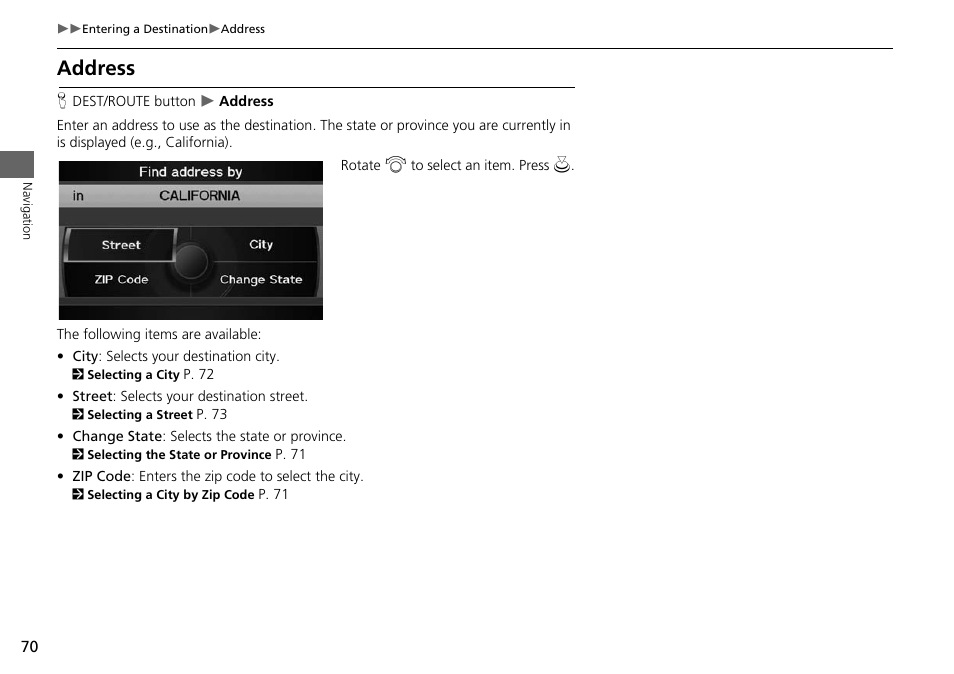 2 address, P. 70, Address | Acura 2015 ILX - Navigation Manual User Manual | Page 71 / 258