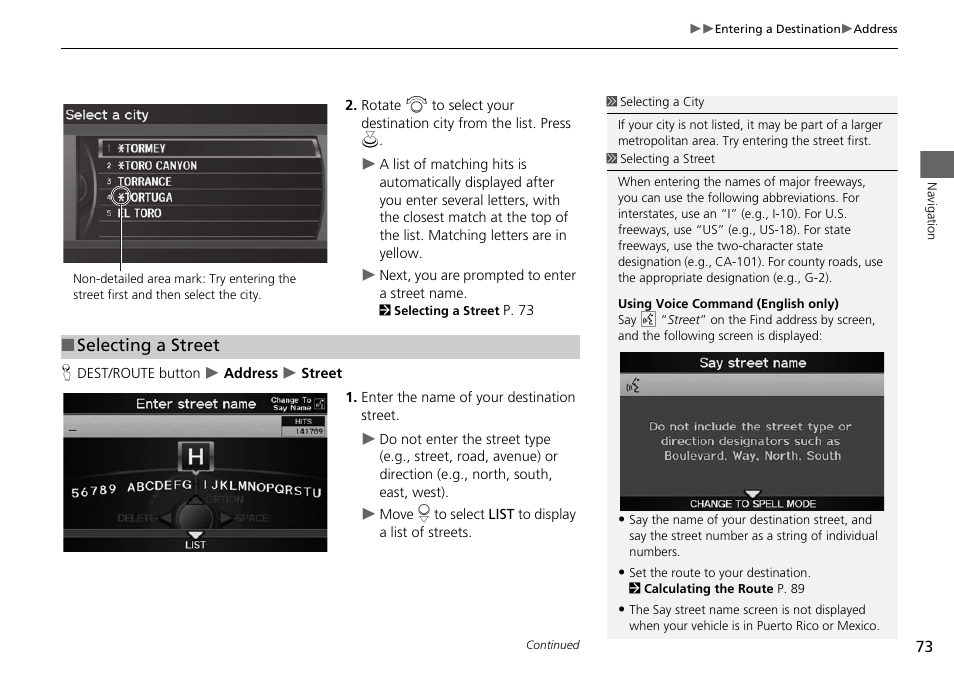 2 selecting a street, P. 73, Selecting a street | Acura 2015 ILX - Navigation Manual User Manual | Page 74 / 258