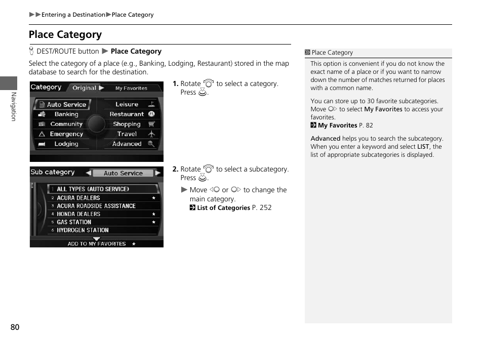 2 place category, P. 80, Place category | Acura 2015 ILX - Navigation Manual User Manual | Page 81 / 258