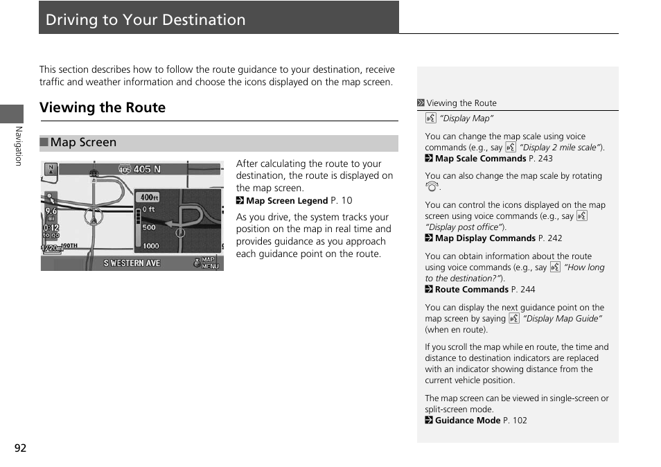 Driving to your destination 92, P92), Driving to your destination | Viewing the route, 2 driving to your destination, P. 92, Map screen | Acura 2015 ILX - Navigation Manual User Manual | Page 93 / 258