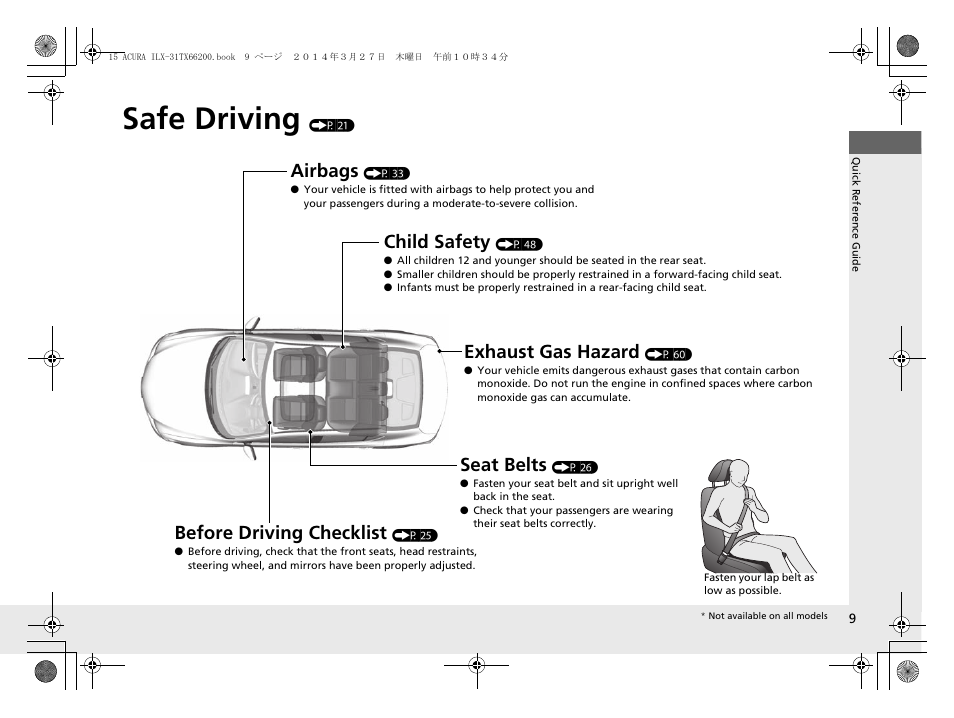 Safe driving (p 21), Safe driving, Airbags | Child safety, Exhaust gas hazard, Before driving checklist, Seat belts | Acura 2015 ILX - Owner's Manual User Manual | Page 10 / 353