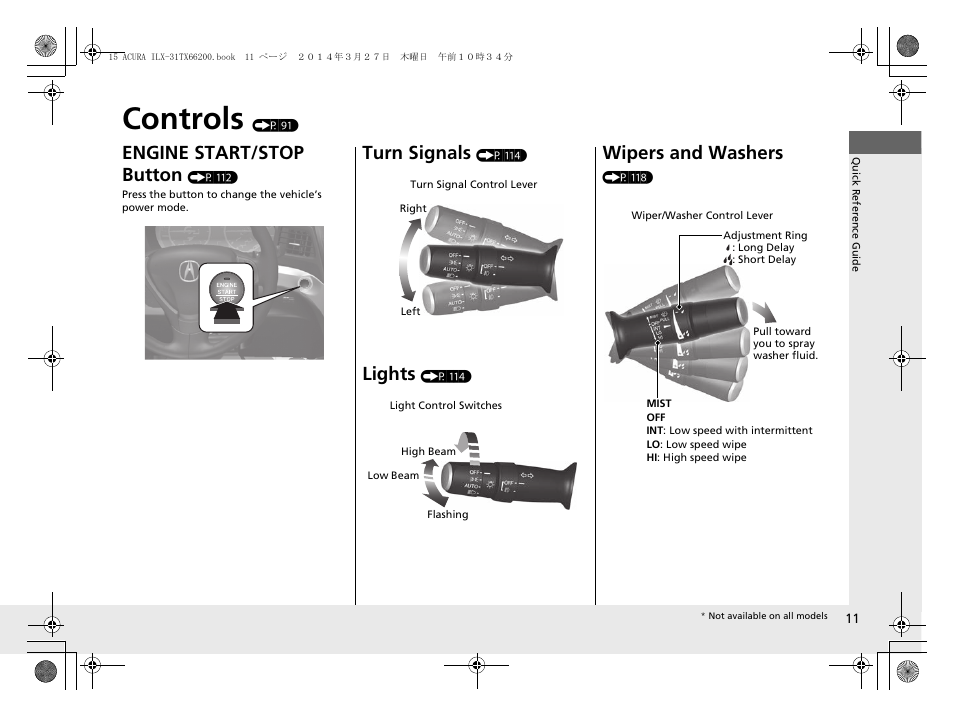 Controls (p 91), Controls, Engine start/stop button | Turn signals, Lights, Wipers and washers | Acura 2015 ILX - Owner's Manual User Manual | Page 12 / 353