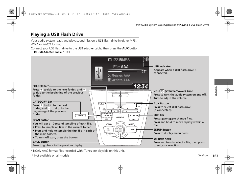 Playing a usb flash drive | Acura 2015 ILX - Owner's Manual User Manual | Page 164 / 353