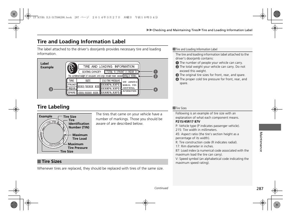 Tire and loading information label tire labeling, Tire and loading information label, Tire labeling | Acura 2015 ILX - Owner's Manual User Manual | Page 288 / 353