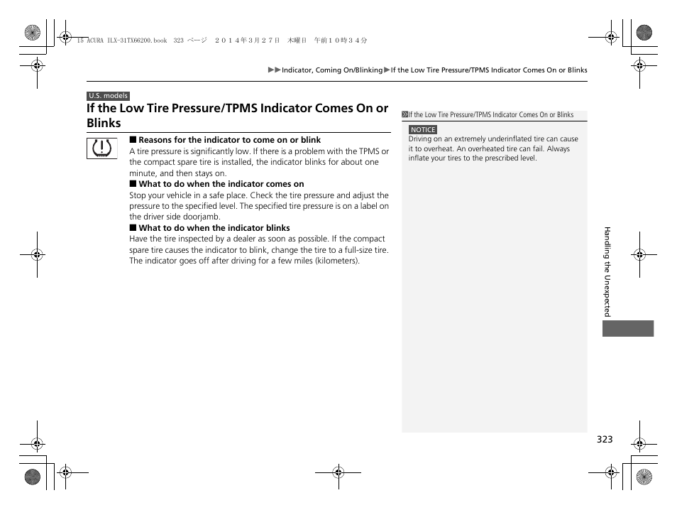 If the low tire pressure/tpms indicator, Comes on or blinks | Acura 2015 ILX - Owner's Manual User Manual | Page 324 / 353