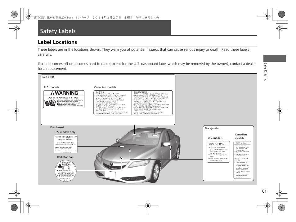 Safety labels p. 61, Safety labels, Label locations | Acura 2015 ILX - Owner's Manual User Manual | Page 62 / 353