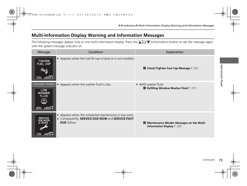 Multi-information display warning and, Information messages | Acura 2015 ILX - Owner's Manual User Manual | Page 74 / 353