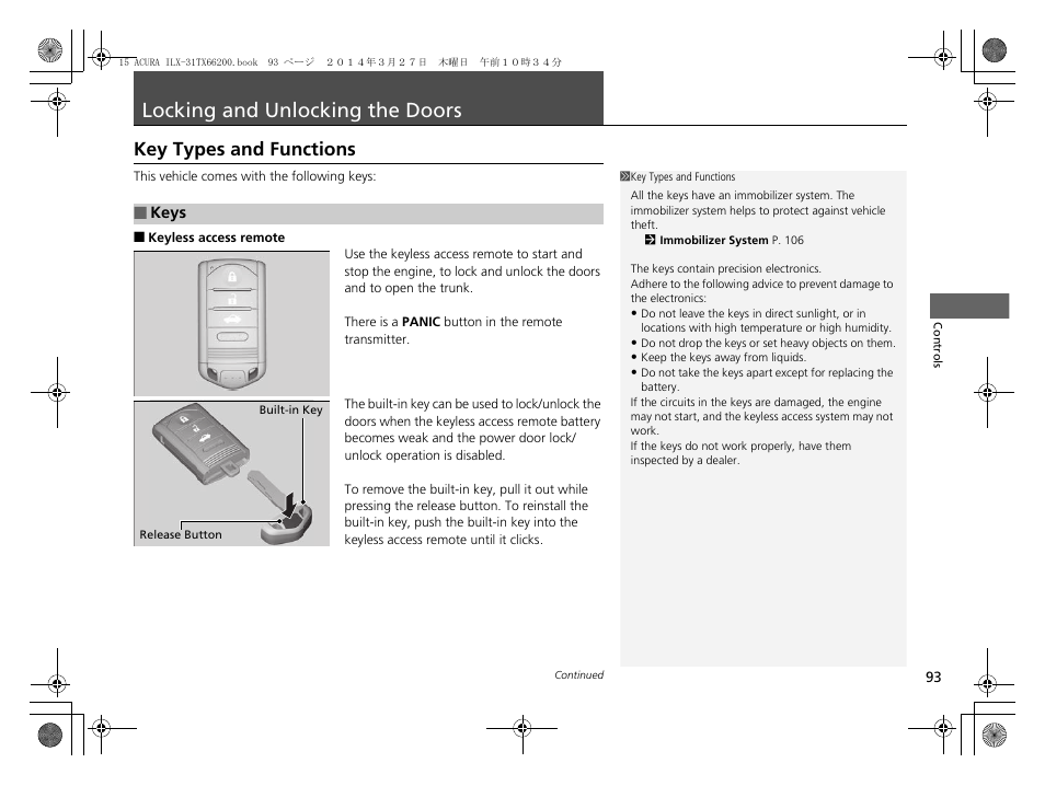 Locking and unlocking the doors p. 93, Locking and unlocking the doors, Key types and functions | Acura 2015 ILX - Owner's Manual User Manual | Page 94 / 353