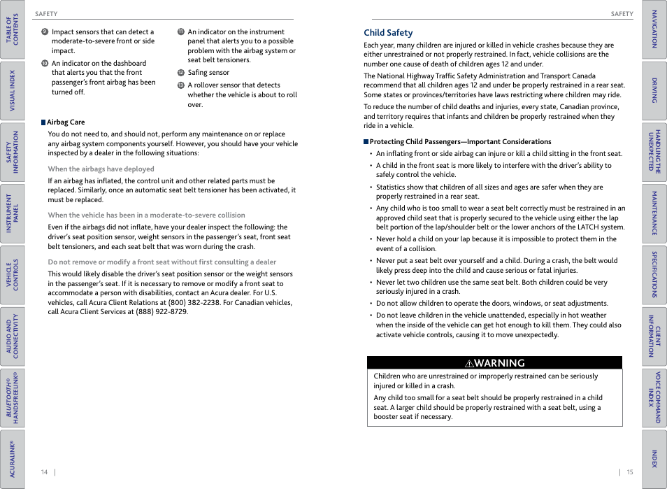 Child safety, Warning | Acura 2015 MDX - Owner's Guide (Without Software Update) Ver. ST02 User Manual | Page 11 / 79
