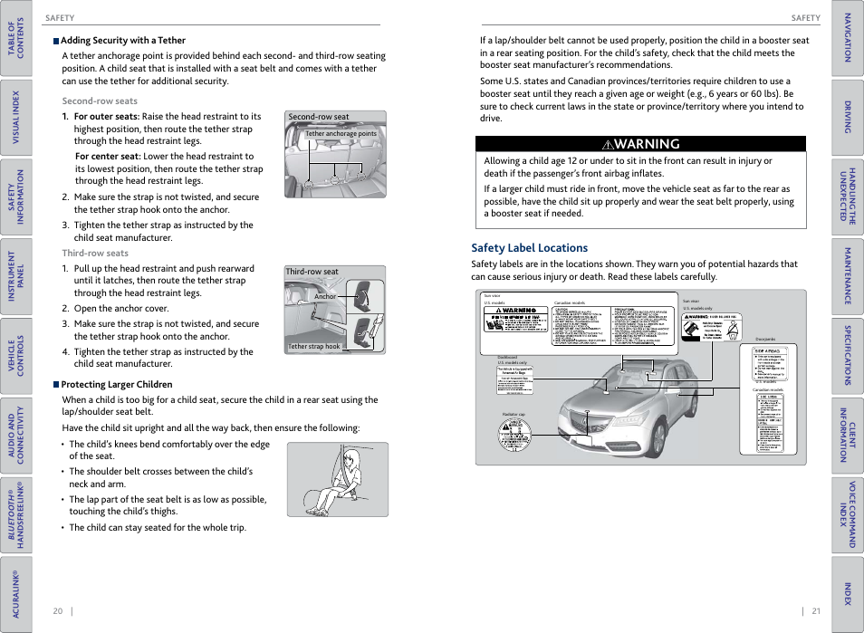 Safety label locations, Warning | Acura 2015 MDX - Owner's Guide (Without Software Update) Ver. ST02 User Manual | Page 14 / 79