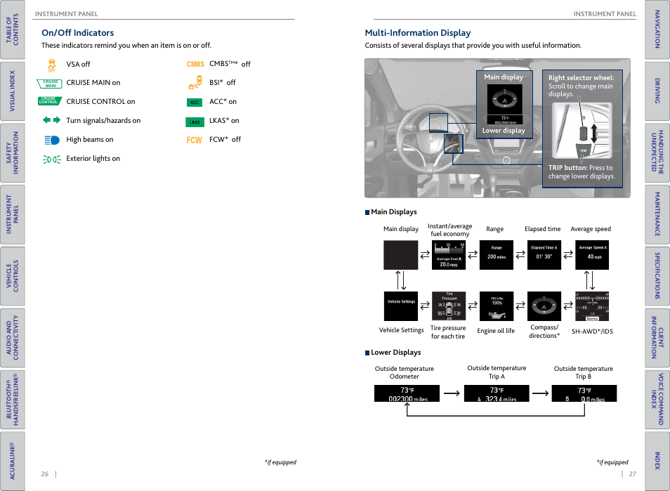 On/off indicators, Multi-information display, On/off indicators multi-information display | P. 27, Wheel, Trip button | Acura 2015 MDX - Owner's Guide (Without Software Update) Ver. ST02 User Manual | Page 17 / 79