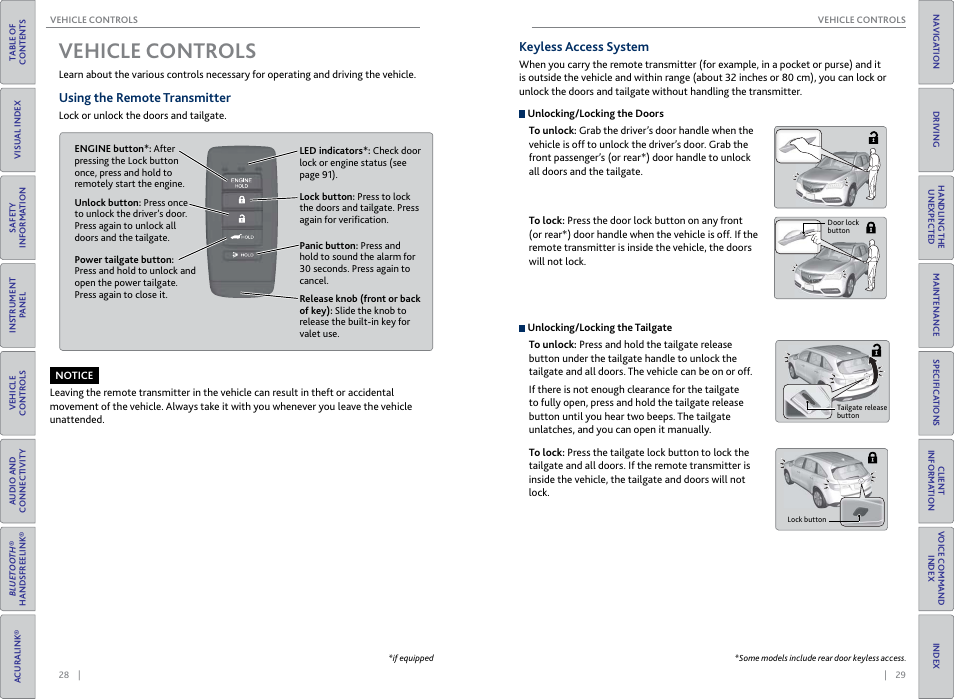 Vehicle controls, Using the remote transmitter, Keyless access system | Vehicle, Contr, Using the remote transmitter keyless access system | Acura 2015 MDX - Owner's Guide (Without Software Update) Ver. ST02 User Manual | Page 18 / 79