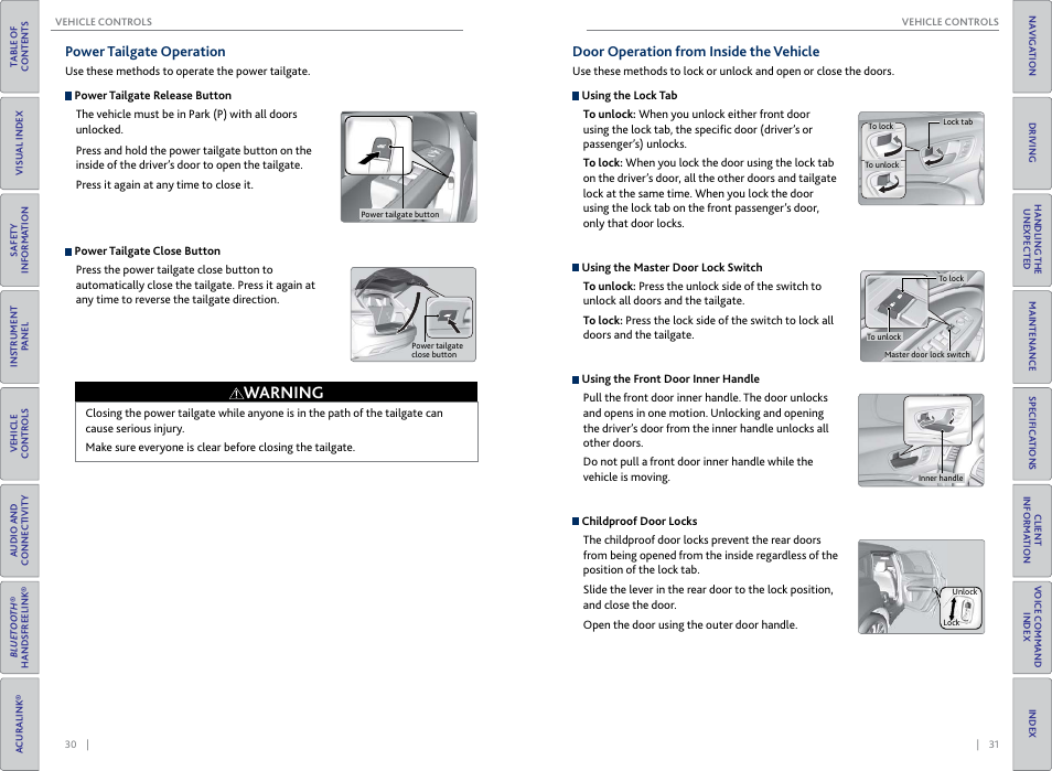 Power tailgate operation, Door operation from inside the vehicle, Door lock switches | P. 31, Tailgate button, P. 30, Warning | Acura 2015 MDX - Owner's Guide (Without Software Update) Ver. ST02 User Manual | Page 19 / 79