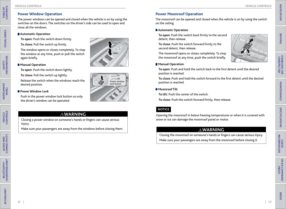 Power window operation, Power moonroof operation, Power window operation power moonroof operation | Oof switch, P. 33, P. 32, Warning | Acura 2015 MDX - Owner's Guide (Without Software Update) Ver. ST02 User Manual | Page 20 / 79