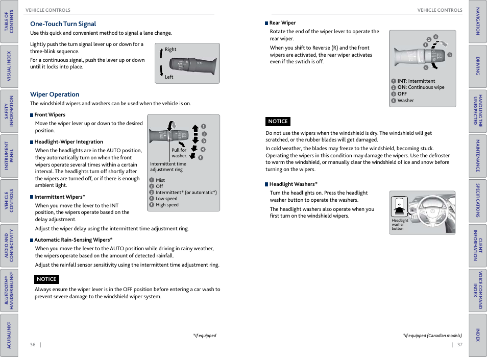 One-touch turn signal, Wiper operation, One-touch turn signal wiper operation | P. 36, P. 37 | Acura 2015 MDX - Owner's Guide (Without Software Update) Ver. ST02 User Manual | Page 22 / 79