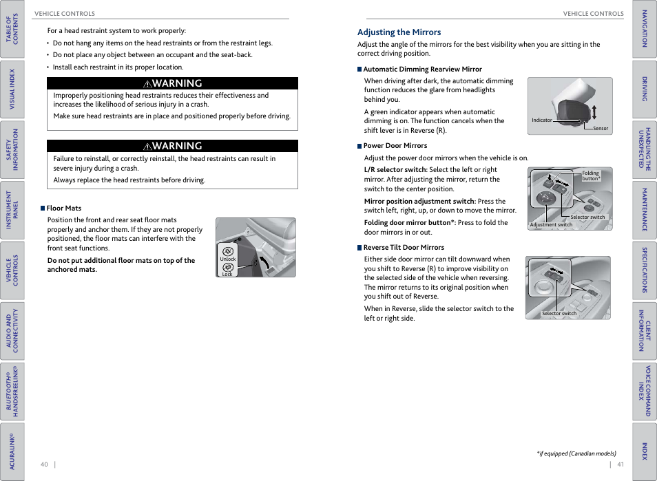 Adjusting the mirrors, P. 41, Warning | Acura 2015 MDX - Owner's Guide (Without Software Update) Ver. ST02 User Manual | Page 24 / 79