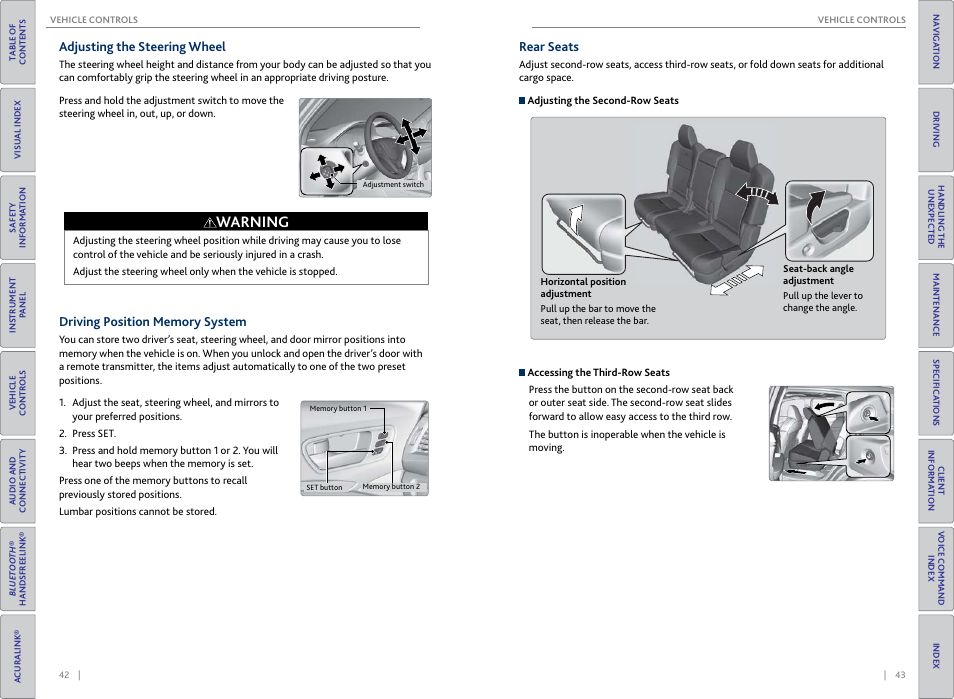 Adjusting the steering wheel, Driving position memory system, Rear seats | P. 42, Warning | Acura 2015 MDX - Owner's Guide (Without Software Update) Ver. ST02 User Manual | Page 25 / 79