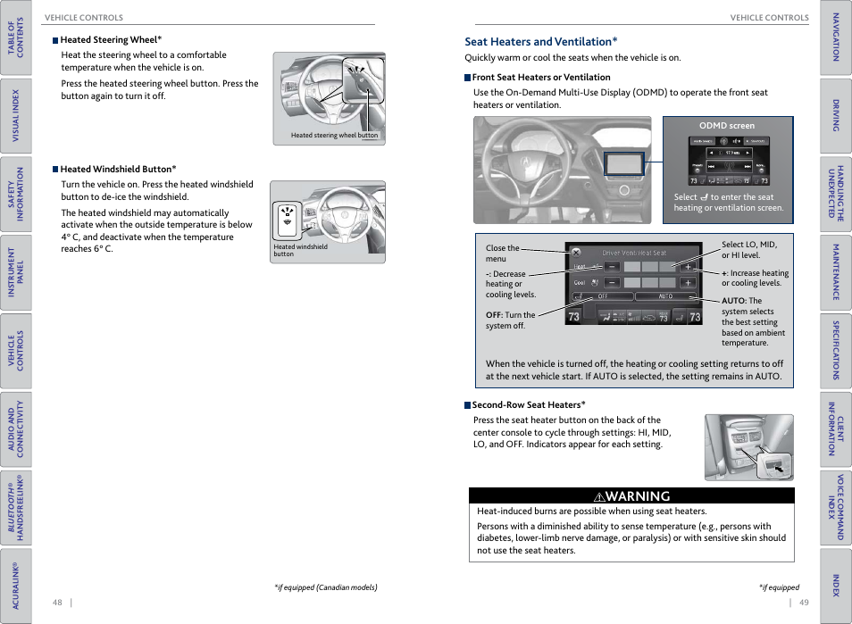 Seat heaters and ventilation, P. 48, Wheel button | Warning | Acura 2015 MDX - Owner's Guide (Without Software Update) Ver. ST02 User Manual | Page 28 / 79