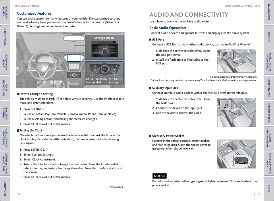 Customized features, Audio and connectivity, Basic audio operation | Audio and, Connectivity, Usb port, P. 51, Auxiliary input jack | Acura 2015 MDX - Owner's Guide (Without Software Update) Ver. ST02 User Manual | Page 29 / 79