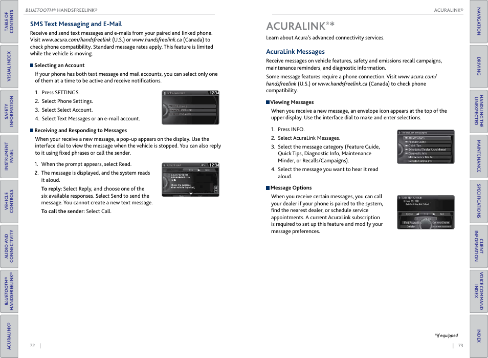 Sms text messaging and e-mail, Acuralink, Acuralink messages | Curalink, P. 73 | Acura 2015 MDX - Owner's Guide (Without Software Update) Ver. ST02 User Manual | Page 40 / 79