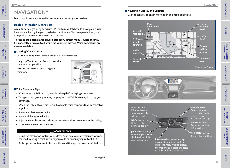 Navigation, Basic navigation operation, Na viga | Tion, Warning | Acura 2015 MDX - Owner's Guide (Without Software Update) Ver. ST02 User Manual | Page 42 / 79