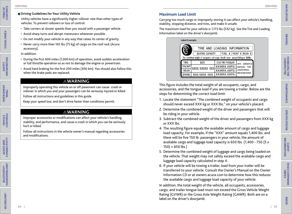 Maximum load limit, Warning | Acura 2015 MDX - Owner's Guide (Without Software Update) Ver. ST02 User Manual | Page 46 / 79