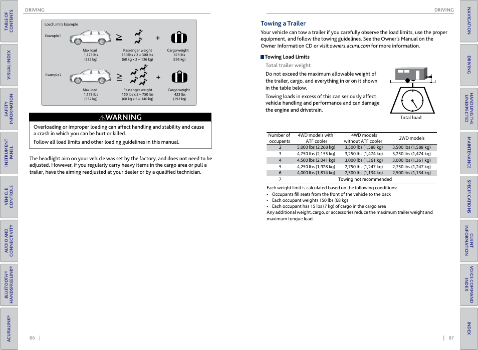 Towing a trailer, Warning | Acura 2015 MDX - Owner's Guide (Without Software Update) Ver. ST02 User Manual | Page 47 / 79
