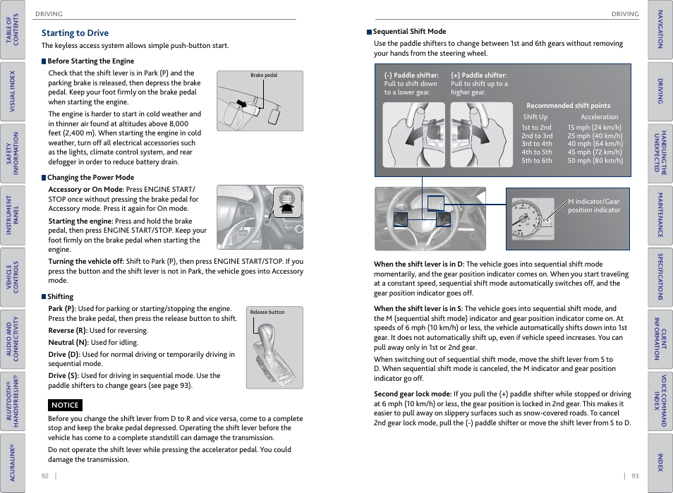 Starting to drive, Addle shifters, P. 93 | Op button, P. 92 | Acura 2015 MDX - Owner's Guide (Without Software Update) Ver. ST02 User Manual | Page 50 / 79