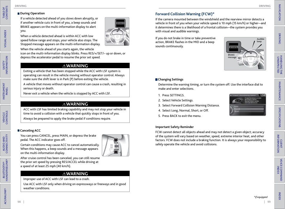 Forward collision warning (fcw), Warning | Acura 2015 MDX - Owner's Guide (Without Software Update) Ver. ST02 User Manual | Page 53 / 79