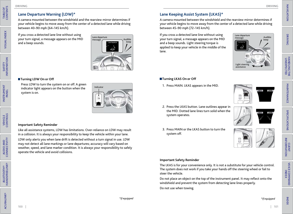 Lkas) button, P. 101, Button | P. 100, Lane departure warning (ldw), Lane keeping assist system (lkas) | Acura 2015 MDX - Owner's Guide (Without Software Update) Ver. ST02 User Manual | Page 54 / 79