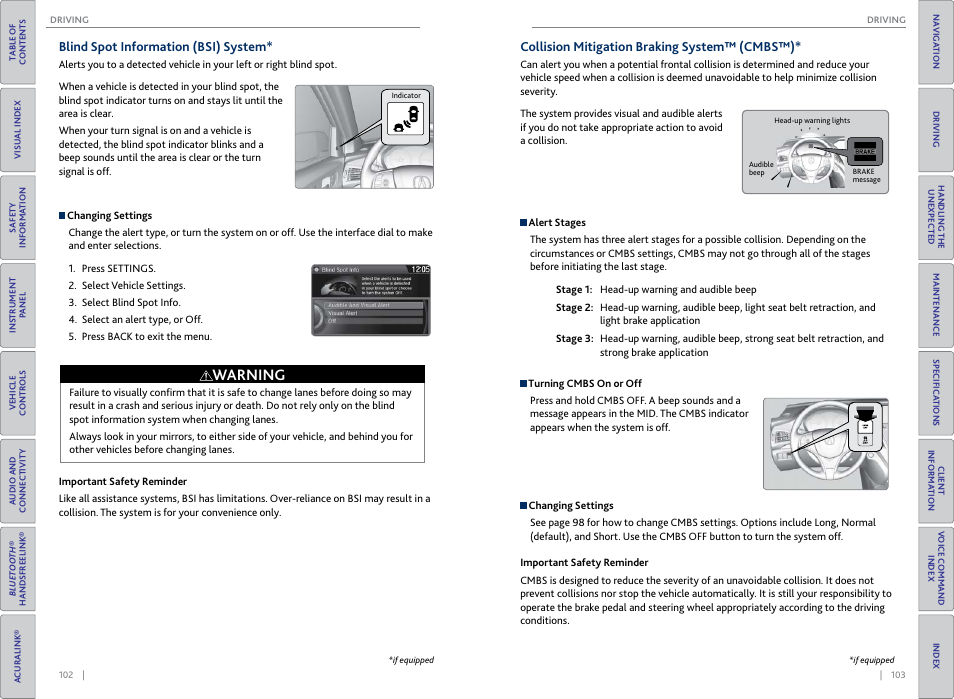 P. 103, Warning | Acura 2015 MDX - Owner's Guide (Without Software Update) Ver. ST02 User Manual | Page 55 / 79