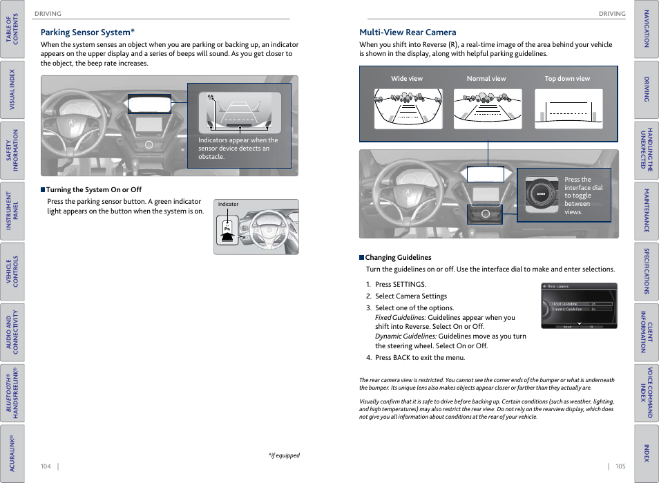 P. 104, Parking sensor system* multi-view rear camera, Parking sensor system | Multi-view rear camera | Acura 2015 MDX - Owner's Guide (Without Software Update) Ver. ST02 User Manual | Page 56 / 79