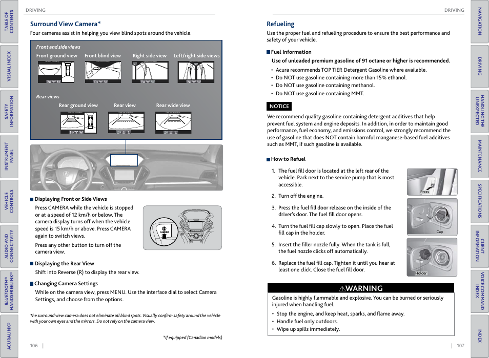 Surround view camera* refueling, Door handle, P. 107 | Warning, Surround view camera, Refueling | Acura 2015 MDX - Owner's Guide (Without Software Update) Ver. ST02 User Manual | Page 57 / 79