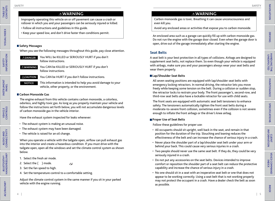 Seat belts, Warning | Acura 2015 MDX - Owner's Guide (Without Software Update) Ver. ST02 User Manual | Page 6 / 79