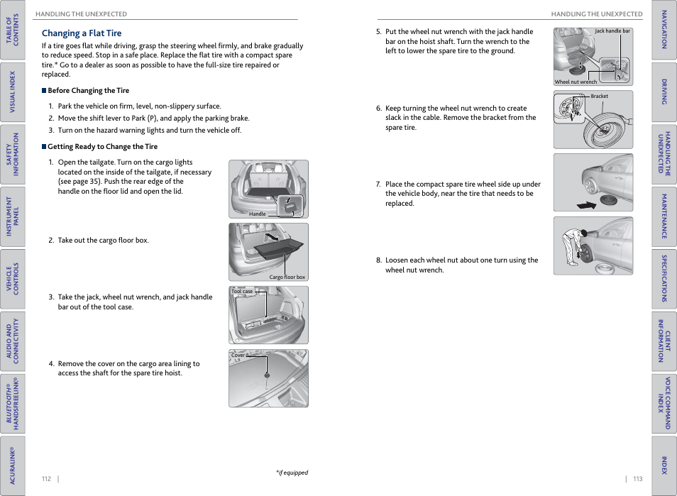 Changing a flat tire | Acura 2015 MDX - Owner's Guide (Without Software Update) Ver. ST02 User Manual | Page 60 / 79