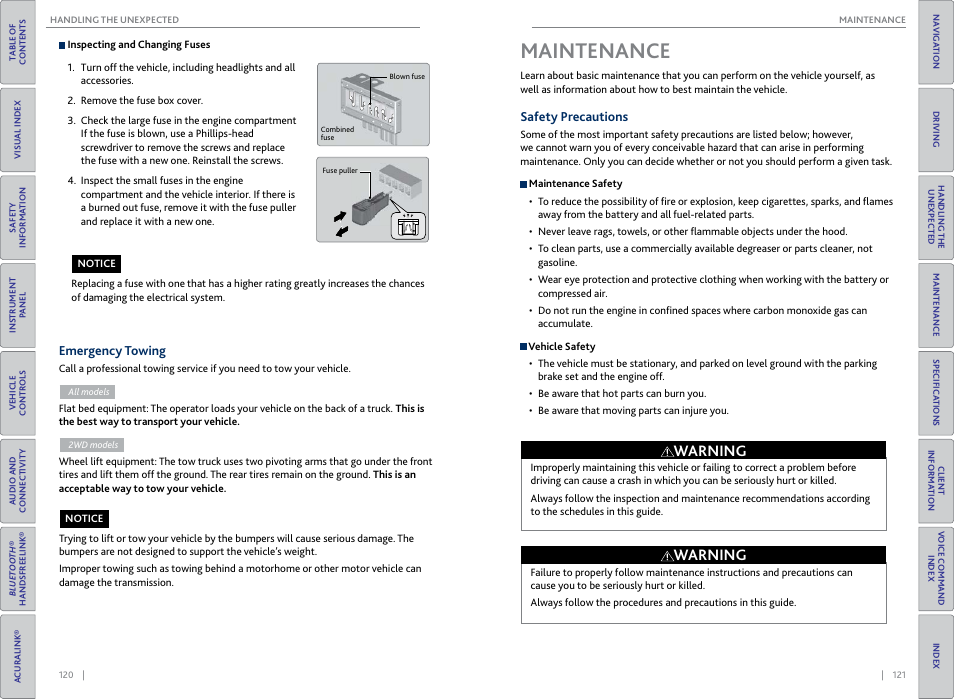 Maintenance, Emergency towing, Safety precautions | Acc key lock, Driver power lumbar, Interior lights cut, Circuit protected, 15 driver’s power seat sliding, Rear driver’s side power, Driver’s power windo | Acura 2015 MDX - Owner's Guide (Without Software Update) Ver. ST02 User Manual | Page 64 / 79