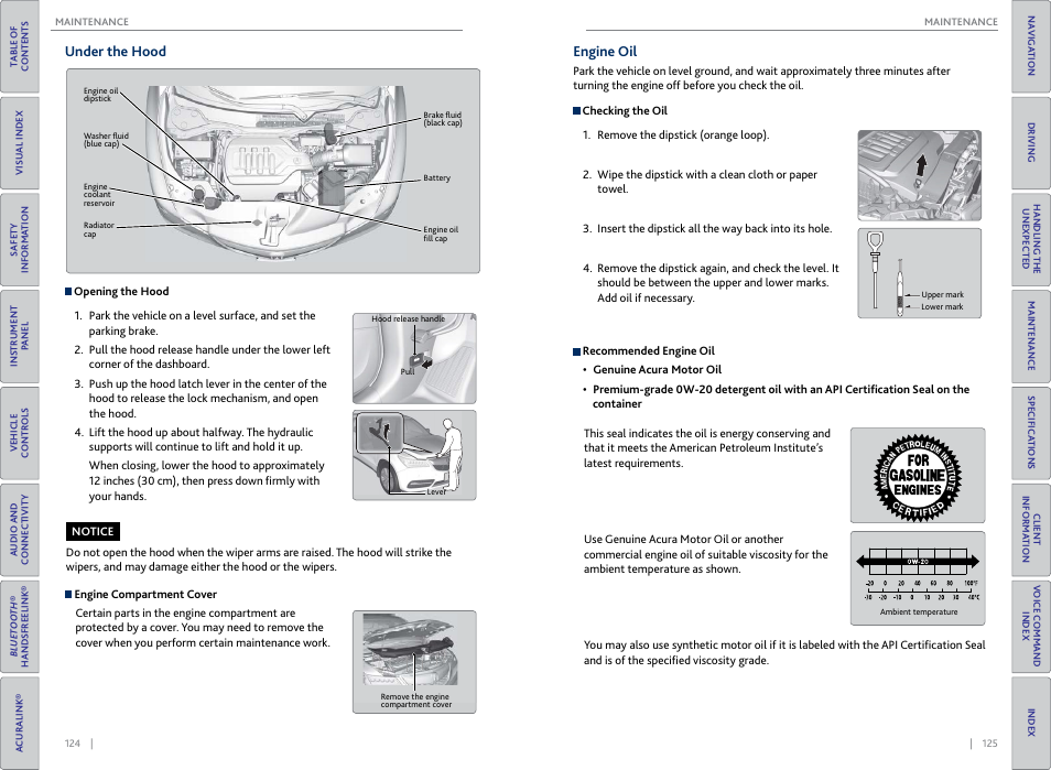 Under the hood engine oil, Elease handle, P. 124 | Under the hood, Engine oil | Acura 2015 MDX - Owner's Guide (Without Software Update) Ver. ST02 User Manual | Page 66 / 79