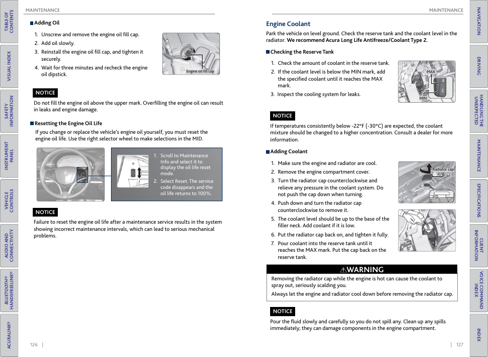 Engine coolant, Warning | Acura 2015 MDX - Owner's Guide (Without Software Update) Ver. ST02 User Manual | Page 67 / 79